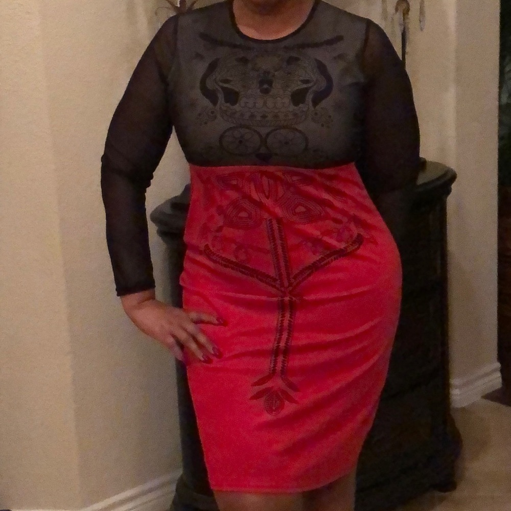 Red and black dress with nude lining